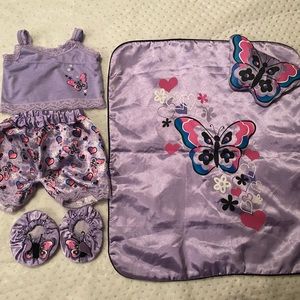 Build a bear purple pajama set with blanket slippers and pillow